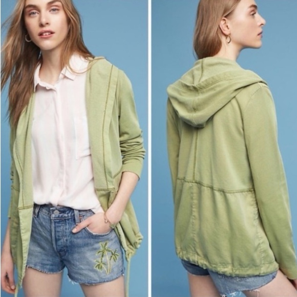 ANTHROPOLOGIE Postmark Sage Green Anorak Open Front Cardigan Adjustable Hoodie